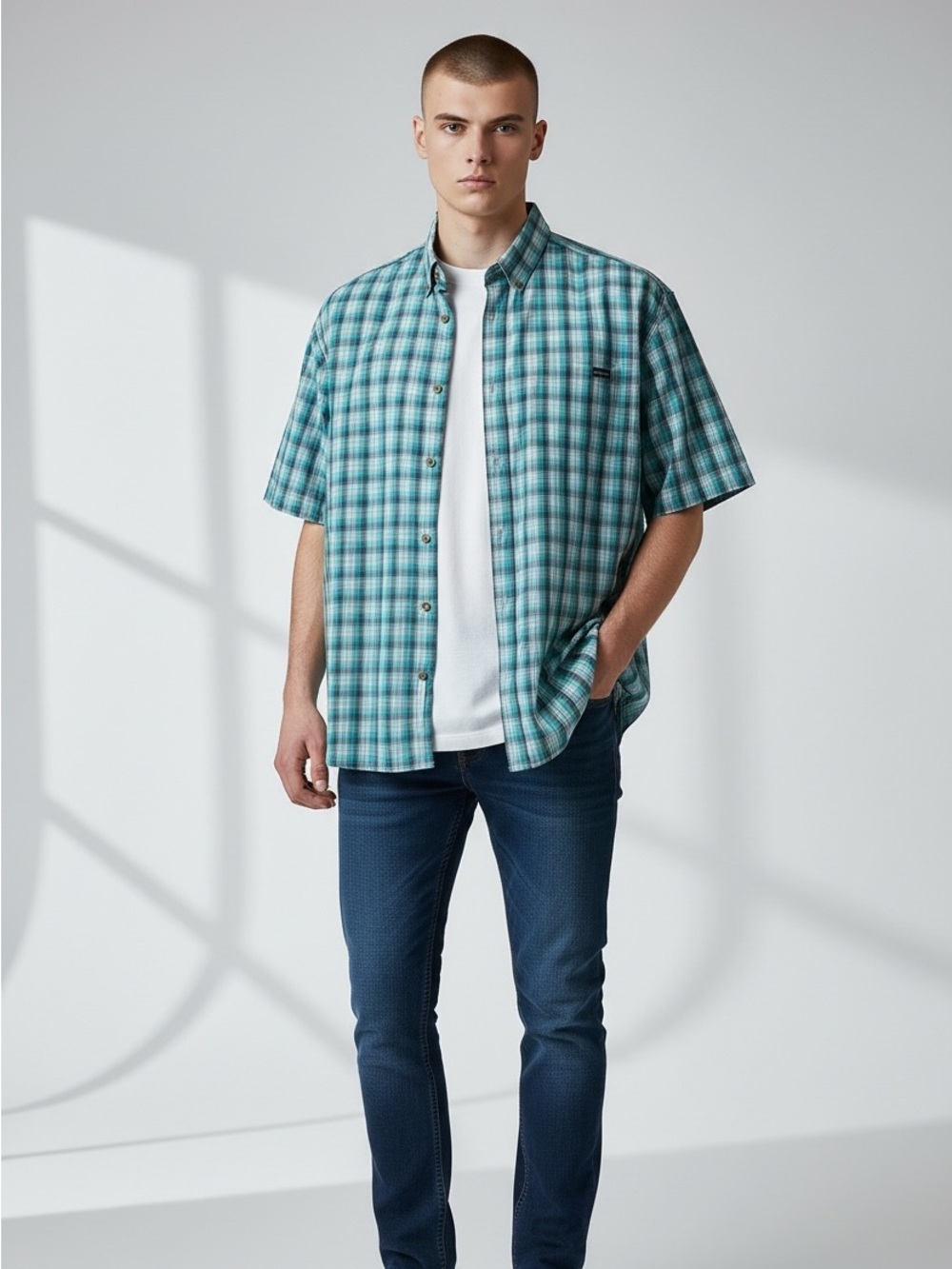 Eddie Bauer Men’s Size Medium Short Sleeve Blue Plaid Button Down Shirt